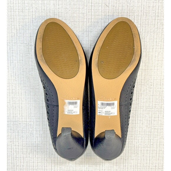 CLARKS CUSHION Black Leather Dalia Ruby Wingtip‎ Career Office Pumps Heels 9M - Picture 4 of 5
